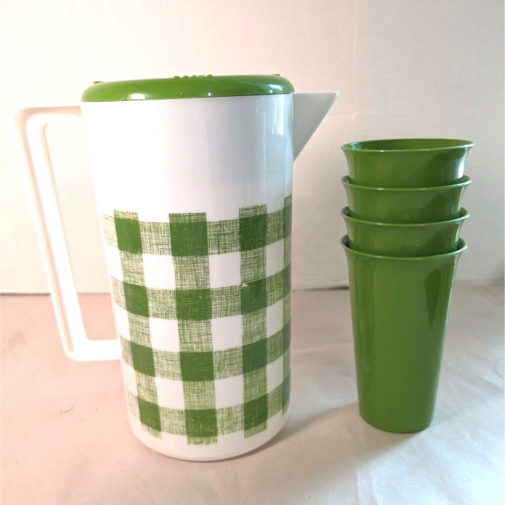 Vintage 6 Piece 2qt Green Check Pitcher & 4 Cups 12oz  MCM